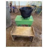 Two small wooden benches and cast iron 3 legged pot