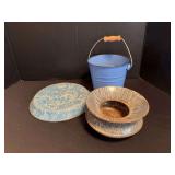 Three pieces enamelware including a spittoon