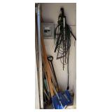 Electric hedge trimmer, snow shovel, broom, loppers, drop cord, etc All in corner