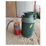 Cream can stamped Ray&Arnold Logansport IND and Fire Extinguisher