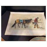 DeGrazia “Lost Apache” print 20x13 and 11x8 handmade Native American scene on wood round