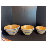 Three nested blue band stoneware bowls-8, 10, 11”