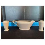 Homer Laughlin China Co Harlequin gravy boat and S&P shakers