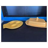 Homer Laughlin China Co Harlequin half pound butter dish and triple spoon rest