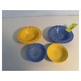 (2) Homer Laughlin China Co Harlequin basket weave nut dishes and (2) basket weave ashtrays