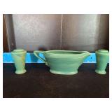 Homer Laughlin China Co Harlequin gravy boat and S&P shakers