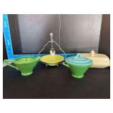 Homer Laughlin China Co Harlequin regular creamer, covered sugar, half pound bitter dish and condiment holder w fruit cup