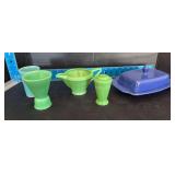 Homer Laughlin China Co Harlequin half pound butter dish, regular creamer, double egg cup, shaker and 6oz tumbler