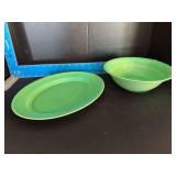 Homer Laughlin China Co Harlequin 9.5” round serving bowl and 11.25” oval serving platter