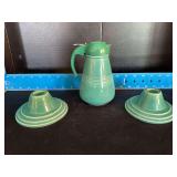 Homer Laughlin China Co Harlequin syrup dispenser and candle holders