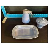 Homer Laughlin China Co Harlequin syrup dispenser, marmalade and butter tray