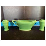 Homer Laughlin China Co Harlequin gravy boat and S&P shakers