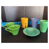 Homer Laughlin China Co Harlequin ashtray, (3) 8oz tumblers, (2) tea cups and tumbler holder