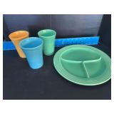 Homer Laughlin China Co Fiesta 10.5” compartment plate and (3) 8oz tumblers
