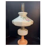 Aladdin Diamond Quilt lamp, milk glass font, Pyrex chimney pink foot glass shade floral