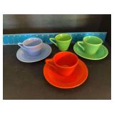 (4) Homer Laughlin China Co Harlequin demitasse cups and (3) saucers
