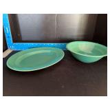 Homer Laughlin China Co Harlequin 9.5” round serving bowl and 11.25” oval serving platter