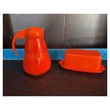 Homer Laughlin China Co Harlequin syrup dispenser and covered butter