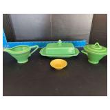 Homer Laughlin China Co Harlequin half pound butter dish, 3 basket weave nut dishes, regular creamer with covered sugar