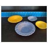 (2) Homer Laughlin China Co Harlequin basket weave nut dishes and (2) basket weave ashtrays