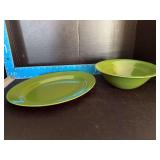 Homer Laughlin China Co Harlequin 9.5” round serving bowl and 11.25” oval serving platter