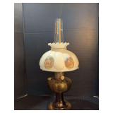 Aladdin Beehive lamp Amber, Aladdin Lox on Chimney, glass shade w/ rural scenes, model B burner 24” tall