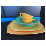 Homer Laughlin China Co Riviera 11.5” platter, 13.5” platter, 8.25” serving bowl and 2 cups