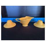 Homer Laughlin China Co Harlequin candle holders and high lip, long spout creamer