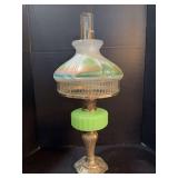 Aladdin Majestic Lamp, Green Moonstone, metal base , Aladdin Lox on Chimney, 601 glass shade, Model B burner Approx 27” tall