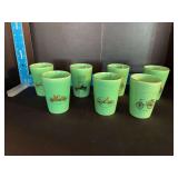 (7) Homer Laughlin China Co Harlequin tumblers depicting the Henry Ford 1896 Quadricycle 4” tall