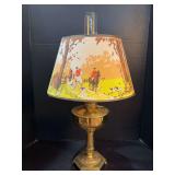 Aladdin Brass font lamp, Aladdin lox On chimney, 6 footed base, Hunt Scene paper shade Model B burner 24” tall