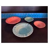 (2) Homer Laughlin China Co Harlequin basket weave nut dishes and (2) basket weave ashtrays