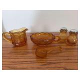 Amber coin dot glass includes S&P shakers, creamer, handled bowl and dipper