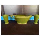 Homer Laughlin China Co Harlequin gravy boat and S&P shakers