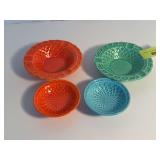 (2) Homer Laughlin China Co Harlequin basket weave nut dishes and (2) basket weave ashtrays