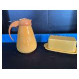 Homer Laughlin China Co Harlequin syrup dispenser and covered butter