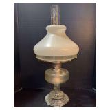 Aladdin Colonial Lamp, clear and frosted glass, frosted glass shade with clear bottom, Aladdin in Lox on Chimney, model B burner 24” tall