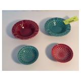 (2) Homer Laughlin China Co Harlequin basket weave nut dishes and (2) basket weave ashtrays