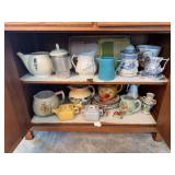 Tea pots, percolator (lid repaired), hand painted plates, etc