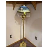 Approx 55” tall brass floor lamp Aladdin Model B burner 6 footed base Hand painted shade with glass prisms