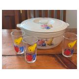Knowles Utility ware covered casserole and (3) juice glasses