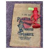 Planters Peanuts red bank approx 8” tall and 12x18 burlap sack