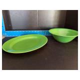 Homer Laughlin China Co Harlequin 9.5” round serving bowl and 11.25” oval serving platter