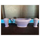 Homer Laughlin China Co Harlequin gravy boat and S&P shakers