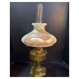 Amber Aladdin Corinthian lamp 101 , Model B burner, Milk glass painted shade Aladdin Lox On chimney 24” tall