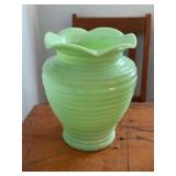 Uranium glass 8” tall vase with ruffled edge