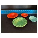 (2) Homer Laughlin China Co Harlequin basket weave nut dishes and (2) basket weave ashtrays