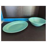 Homer Laughlin China Co Harlequin 9.5” round serving bowl and 11.25” oval serving platter