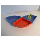 (3) Homer Laughlin China Co Harlequin relish tray inserts  Orange piece has very small chip