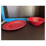 Homer Laughlin China Co Harlequin 9.5” round serving bowl and 11.25” oval serving platter